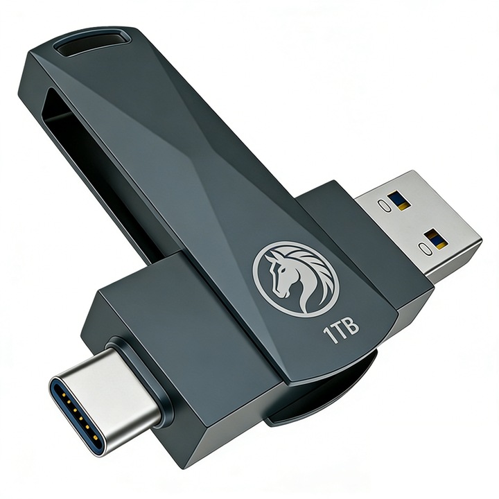 Type-C Memorie USB 1TB Interfata Dubla, USB 3.0 viteza maxima 100MB/s 100MB/s, corp metalic impermeabil, compatibil cu smartphone-uri, calculatoare desktop si laptopuri (Negru)