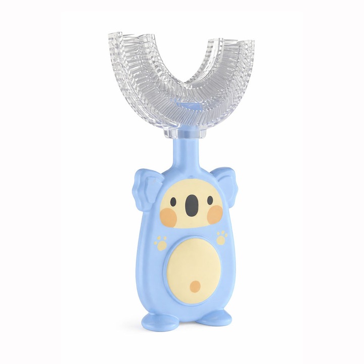 Periuta de dinti sonica U Shape, pentru copii 2-6 ani, design tip urs, cap silicon 360°, fara BPA, etui, Albastru