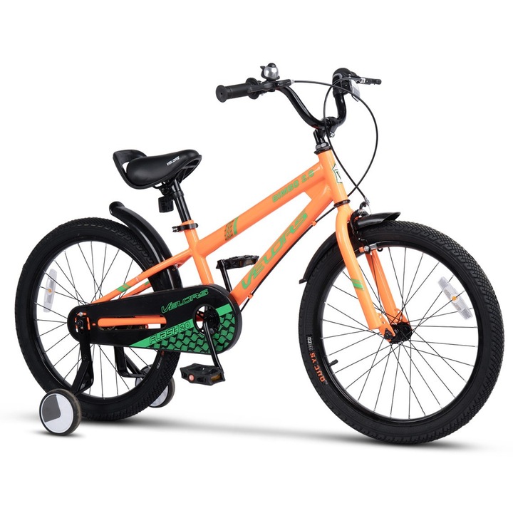 Bicicleta copii 7-10 ani Kids BMX Speed JSX2007, roti 20", frane V-Brake fata, tambur spate, cauciucuri late tip MTB, roti ajutatoare, portocaliu cu verde