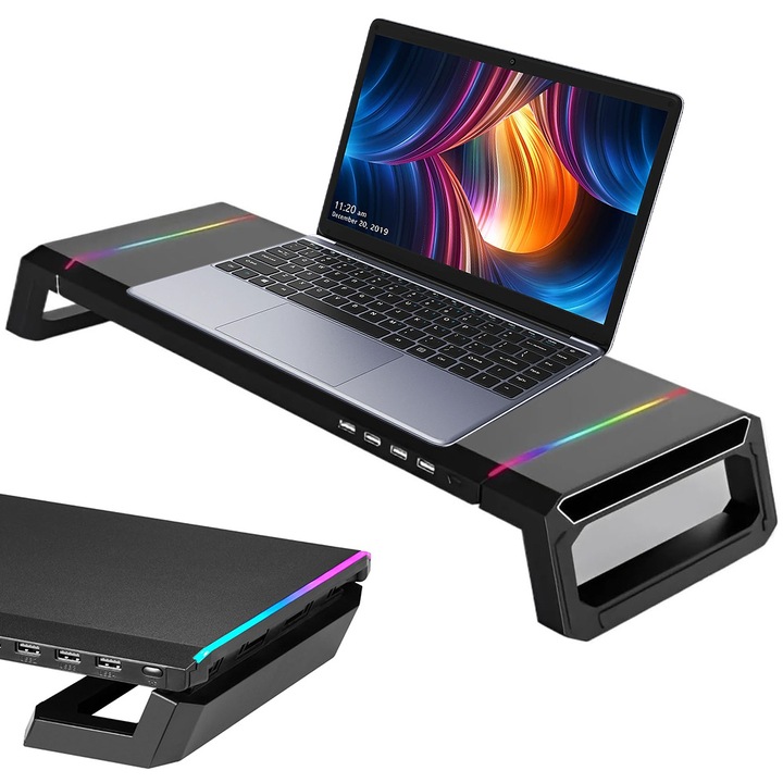 Dnntunk multifunkcionális monitortartó, RGB világítás, 4 USB port, fekete, 550x200x75mm