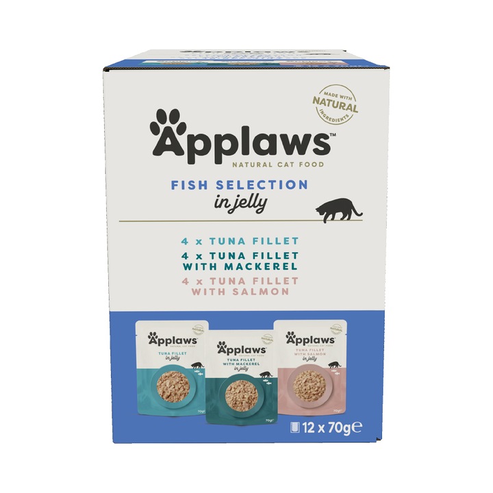Hrana umedă pentru pisici, Applaws, multipack 12x70g, ton și somon, ton și macrou, ton, adult