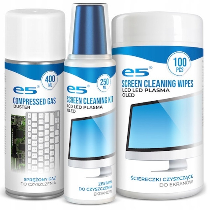 Kit de curățare ecran E5 POLSKA, 400 ml aer comprimat, 100 servetele umede, 250 ml lichid curățare, pentru LCD și LED