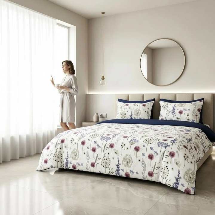 Lenjerie de pat Cotton Pro 100% bumbac King Size, doua fete – imprimare digitala (Peisaj vegetal Alb/Albastru), Ralex Pucioasa