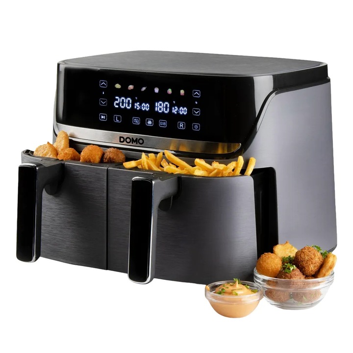 Friteuza dubla cu aer cald Air Fryer DOMO, putere 2850 W, capacitate totala 8 litri, 6 programe prestabilite, 2 cosuri operare individuala, design elegant, negru