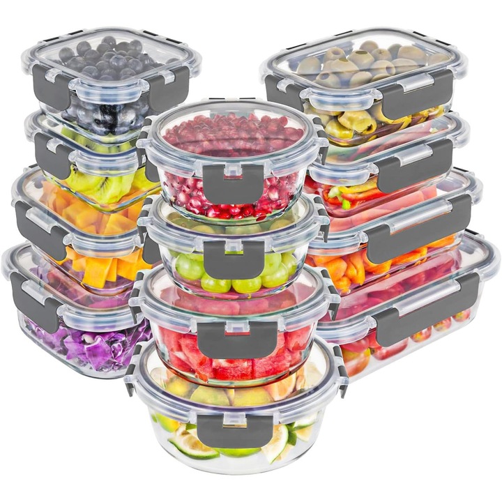 Set 12 Caserole Alimentare din sticla NextWave®️ Capace Etanse, Depozitare Frigider si Congelator, Potrivite pentru Microunde, Fara BPA, Organizare Bucatarie, Inchidere cu 4 Clipsuri, Usor de Curatat, Transparent, Gri