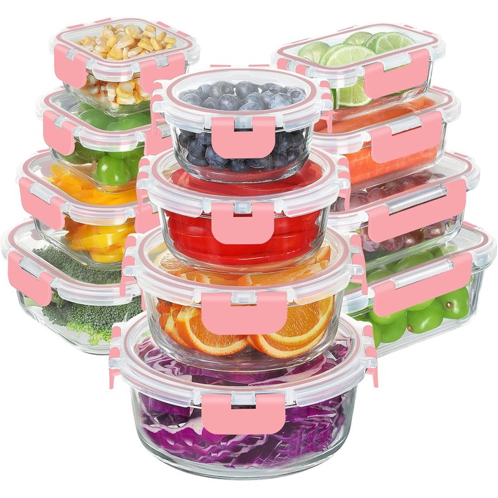 Set 12 Caserole Alimentare din sticla NextWave®️ Capace Etanse, Depozitare Frigider si Congelator, Potrivite pentru Microunde, Fara BPA, Organizare Bucatarie, Inchidere cu 4 Clipsuri, Usor de Curatat, Transparent, Roz