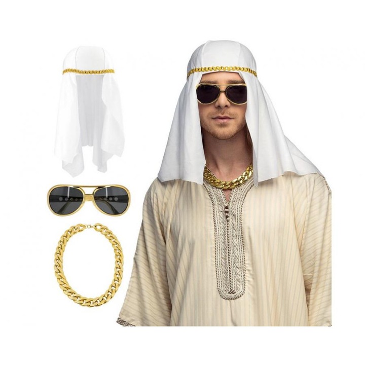 Set Sheikh Faheem, Accesorii Petrecere, Palarie Albă cu Detalii Aurii, Ochelari Aurii, Colier Auriu