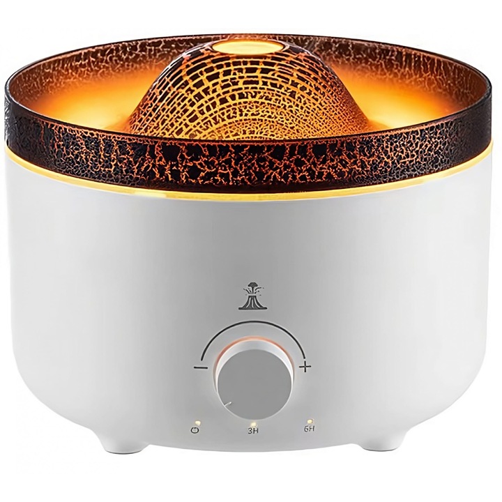 Umidificator de tip vulcan, cu aromaterapie, cu telecomanda, 560 ml, model V21A, alb