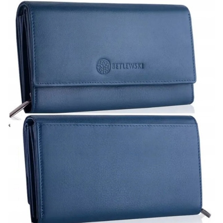 Portofel dama Betlewski, piele naturala, albastru, 8 compartimente pentru carduri, 10x17,5x4cm