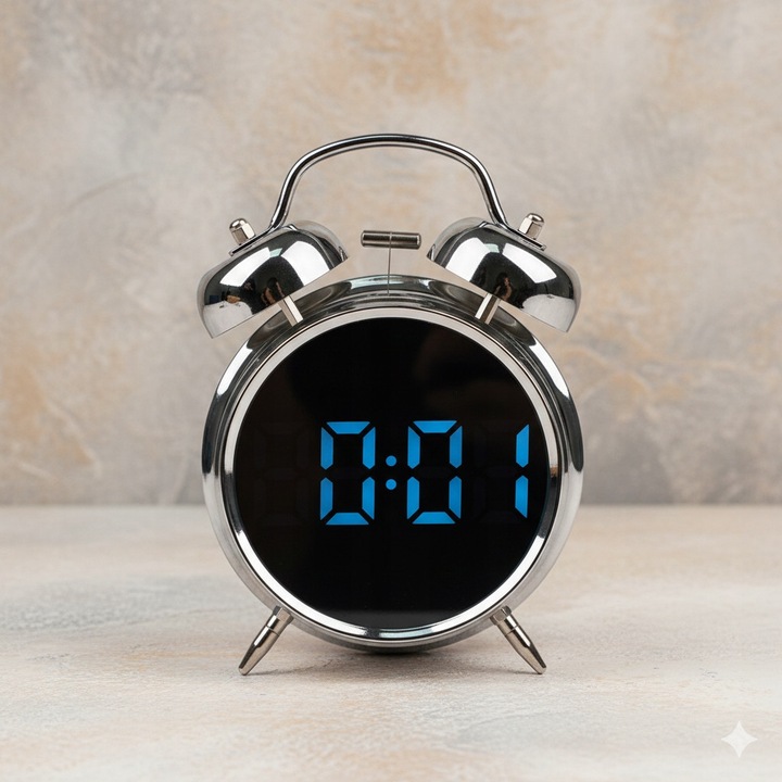 Ceas desteptator electronic LED retro, design clasic, display luminos, alimentare retea/baterie, dimensiuni variate