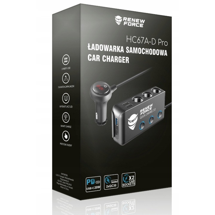 Impartitor auto pentru priza de bricheta 12-24V cu 3x USB Quick Charge si USB-C, 120W, negru, 75cm