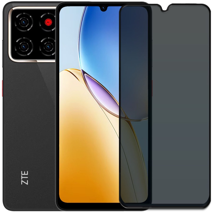 Folie din sticla securizata pentru ZTE Blade A56, HAMSTERBOX Privacy Shield, Protectie completa ecran, Full face, Aplicare rapida, Case Friendly, Negru