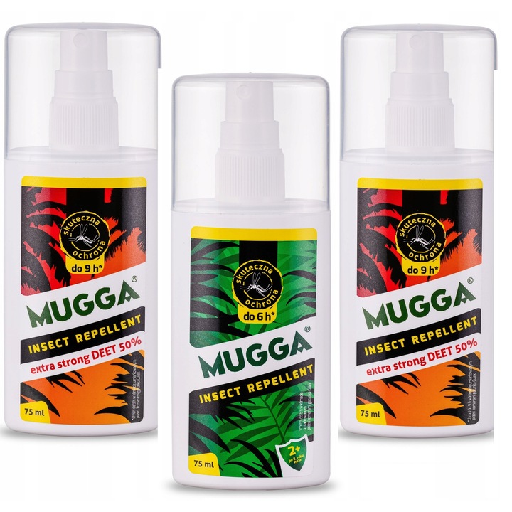 Set 3 produse Mugga Spray 9,5% Deet 75ml, 50% Deet 2x75ml, protectie eficienta impotriva insectelor, 2029
