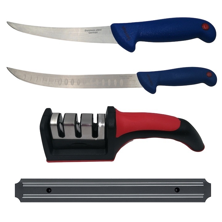 Set macelarie bucatarie cu cutit chef 38 cm, cutit filetat, otel inoxidabil, manere albastre, ascutitoare si suport magnetic