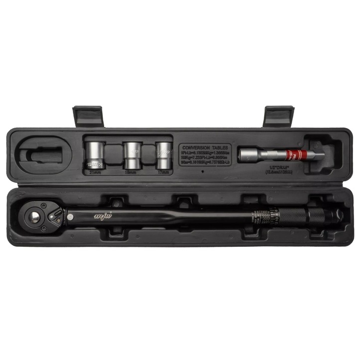 Cheie dinamometrica 1/2" 28-210 Nm cu nasadki si prelungitor, 5 piese, 17x19x21mm