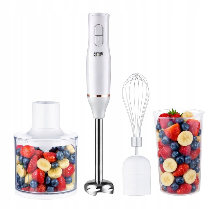Ръчен пасатор Sevenkraft SK 4632, комплект 4в1, 800 W, бял, с аксесоари за пасиране, чопър 450 мл, контейнер 750 мл