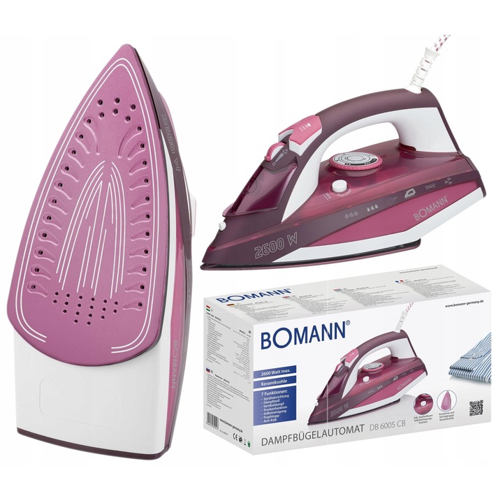Fier de calcat cu abur Bomann DB 6005 CB, 2600 W, ceramica, violet, 30x12.5x14.5cm