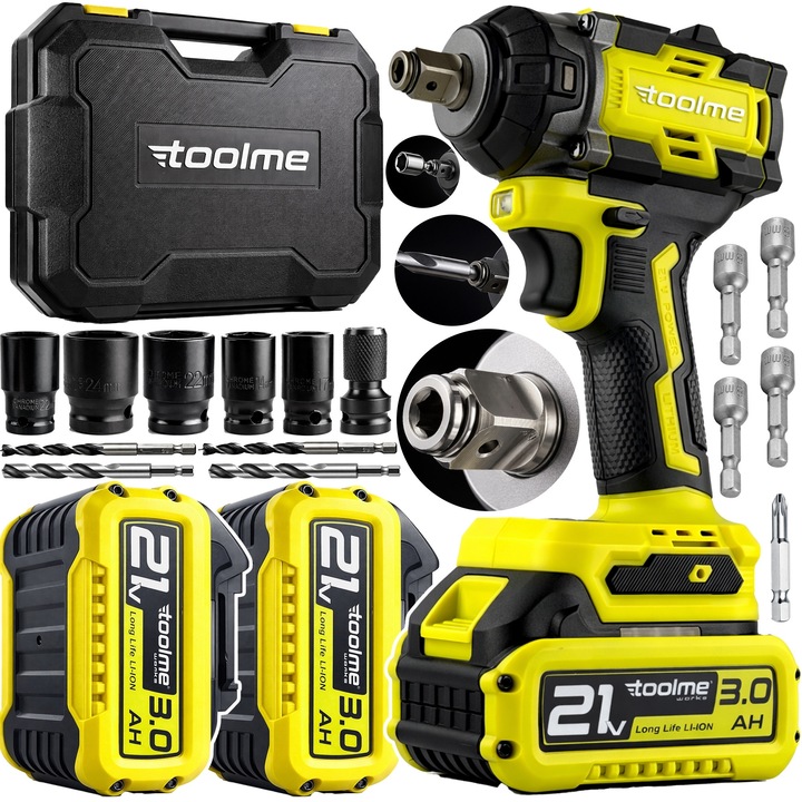 Cheie cu impact electric Toolme TM084, 650Nm, 2 acumulatori 3.0Ah, 2900 lovituri/min, set complet in valiza