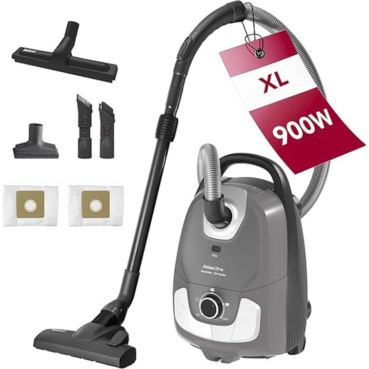 Aspirator Akitas C11 900 W cu sac – cablu de alimentare de 7 m, set suplimentar de perii, putere de aspirare reglabila, pentru podele dure si covoare