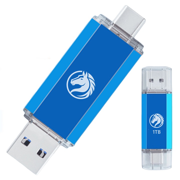 Type-C Stick USB 1TB Interfata Dubla, USB 3.0 viteza maxima 100MB/s 100MB/s, compatibil cu smartphone-uri, calculatoare desktop si laptopuri (Albastru）