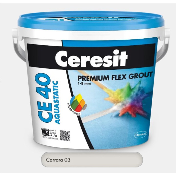 Chit premium Carrara 5 kg pentru rosturi Ceresit CE 40 Aquastatic, flexibil, rezistent la apa si mucegai, 1-8 mm, interior si exterior, gresie faianta portelan piatra