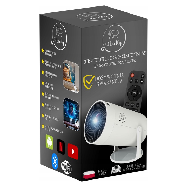 Proiector mini portabil Heelly Android 12, WiFi, 4K, 1280x720p, 40-150 inci, set complet