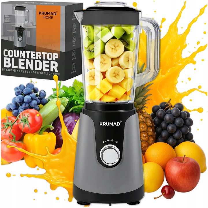 KRUMAD turmixgép 1200W, 1,2L, 2 sebesség + PULSE, inox, szürke-fekete, kiegészítő tartállyal