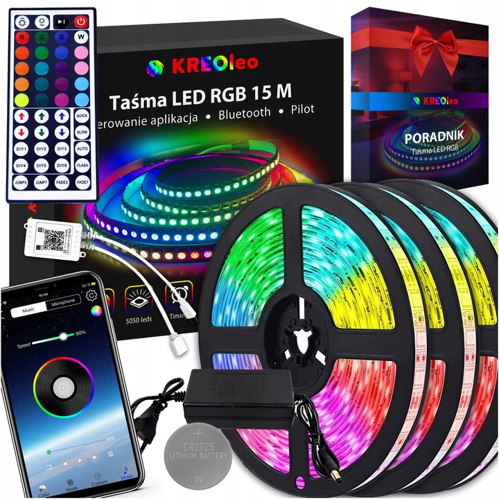 Banda LED RGB 15m KREOleo, waterproof, controlata prin aplicatie si telecomanda, 450 LED-uri