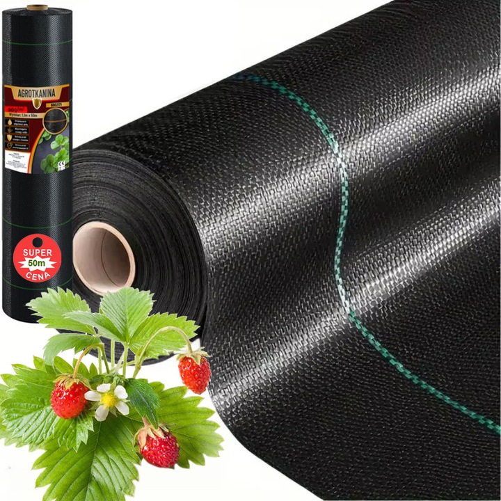 Fekete agroszövet 1,1x50m, Unitec, 90g, UV-álló, zöld csíkokkal