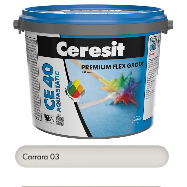 Chit premium Carrara 5 kg pentru rosturi Ceresit CE 40 Aquastatic, flexibil, rezistent la apa si mucegai, 1-8 mm, interior si exterior, gresie faianta portelan piatra