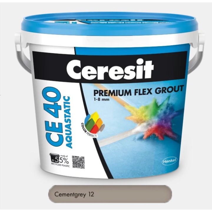 Chit premium Cement-grey 5 kg pentru rosturi Ceresit CE 40 Aquastatic, flexibil, rezistent la apa si mucegai, 1-8 mm, interior si exterior, gresie faianta portelan piatra