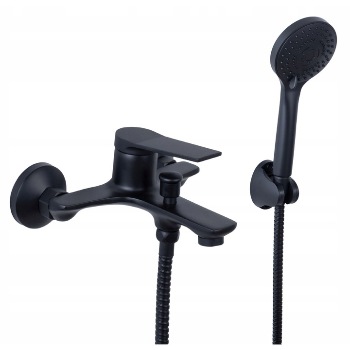 Baterie sanitara de baie si dus Yoka Home, neagra, cu furtun de 150 cm, design minimalist, montare pe perete