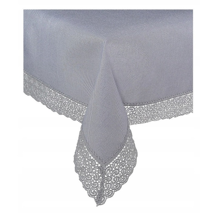 Fata de masa Mesa, obrus rotund elegant, 140cm, gri, cu dantela si poliester