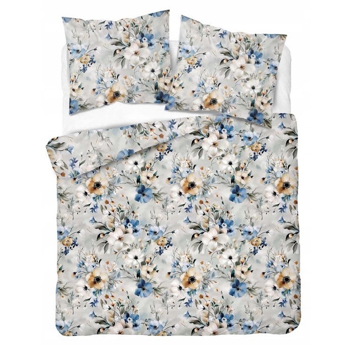 Lenjerie de pat Detexpol, Home Satin, 220x200cm, 2 poshese 70x80cm, gri cu flori