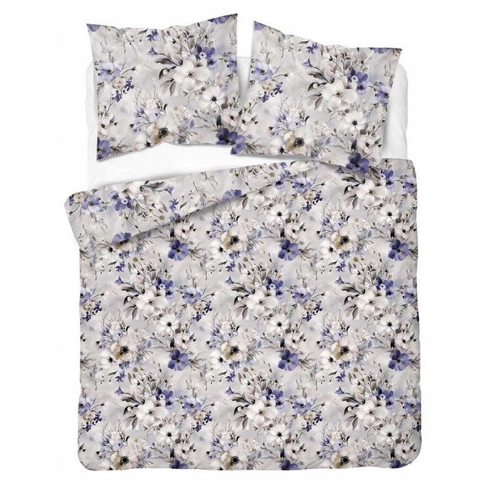 Lenjerie de pat Detexpol, Home Satin, 160x200cm, 2 posete 70x80cm, gri cu flori