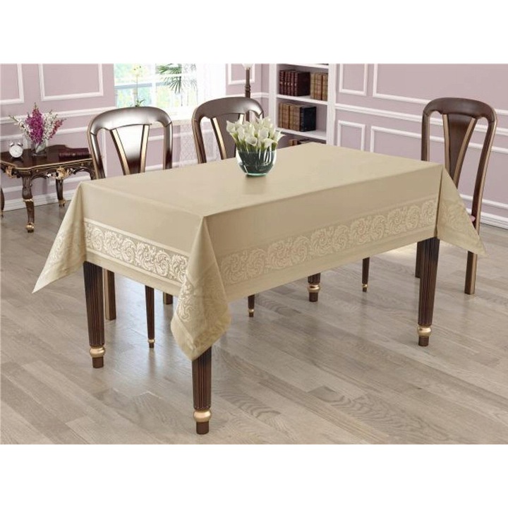 Obrus Messa 140x350cm plamoodporny, bej, cu margini florale