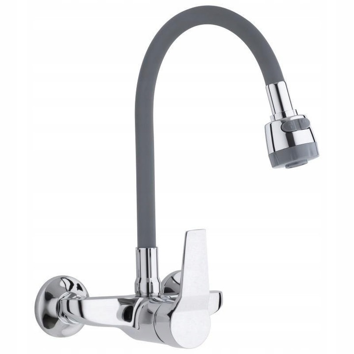 Baterie de bucatarie Yoka Home, cu wylewka elastica, doua strumieni, gri, set complet