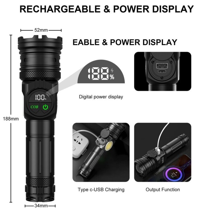 Lanterna Tactica Profesionala LED XHP 6000 Lumeni cu Zoom Telescopic, Acumulator Inclus, Magnet de Fixare, Iluminare Puternica pentru Camping, Pescuit, Auto si Situatii de Urgenta