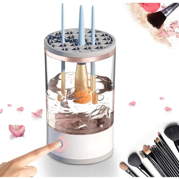 Dispozitiv electric pentru curatarea si uscarea pensulelor de machiaj, USB inclus, spala mai multe pensule simulatan, cu ultrasunete, alb cu accente aurii