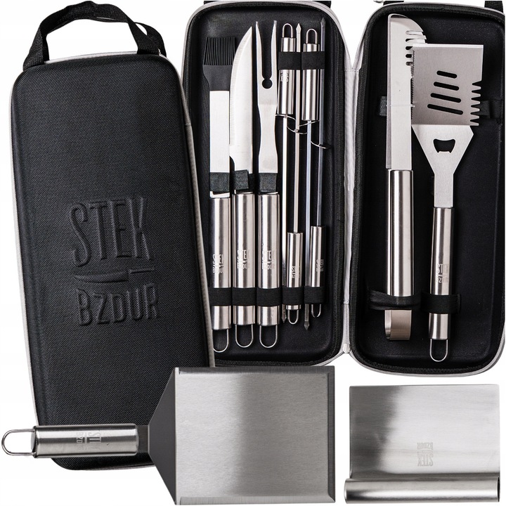 Set de Gratar 12 in 1, Stek Bzdur, Accesorii din Otel Inoxidabil 304, Etui EVA, 46x21x9cm