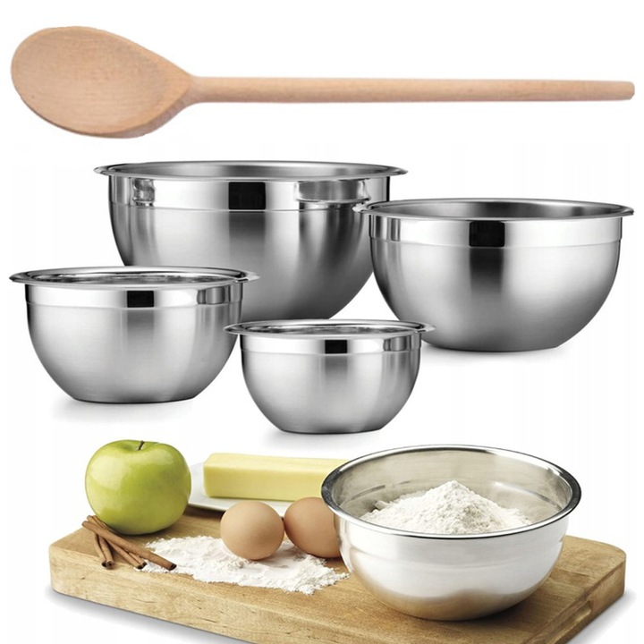 Set 4 boluri metalice, 500ml, 700ml, 900ml, 1900ml, inox, cu lingura, pentru bucatarie