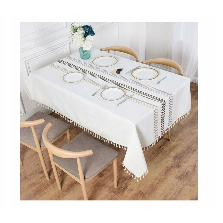 Obrus decorativ Mesa Boho 140x260cm, ecru, cu motive florale si fredzle