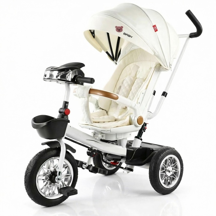 Tricicleta copii 2 in 1, control parental, scaun reglabil, copertina extensibila, muzica, Bluetooth, USB, 1-5 ani