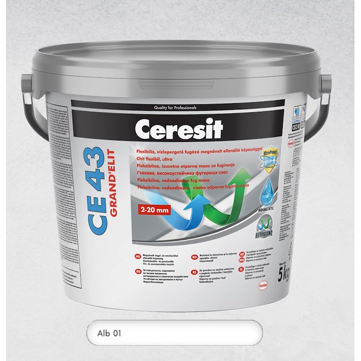 Chit de rosturi ultra premium 5 kg Alb Ceresit CE 43 GRAND’ELIT, interior/exterior, aplicatii profesionale