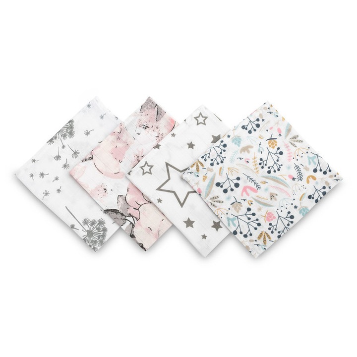 Pachet de 4 scutece Sensillo, 100% bumbac, modele delicate, roz, 35x35 cm