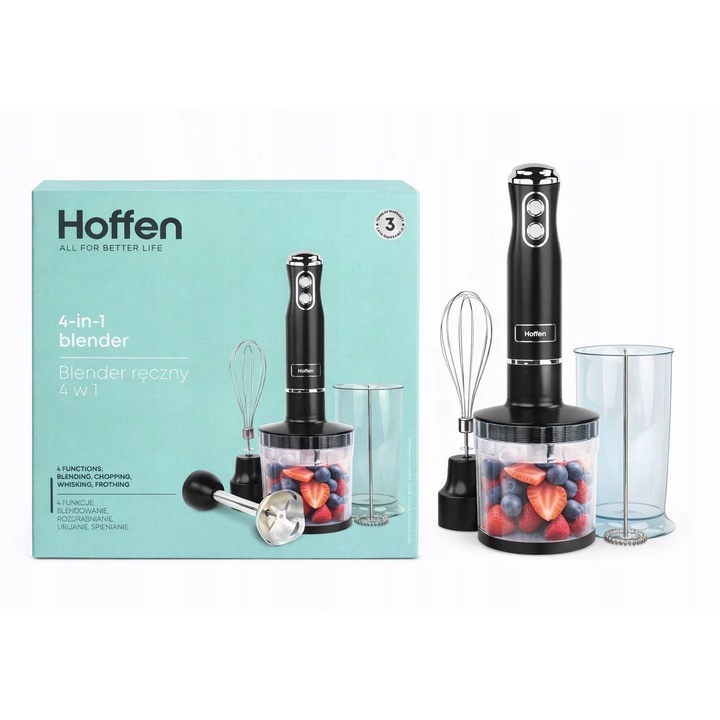 Blender Hoffen 4w1, 700 W, 2 viteze, set cu 2 recipiente 500 ml si 600 ml, negru