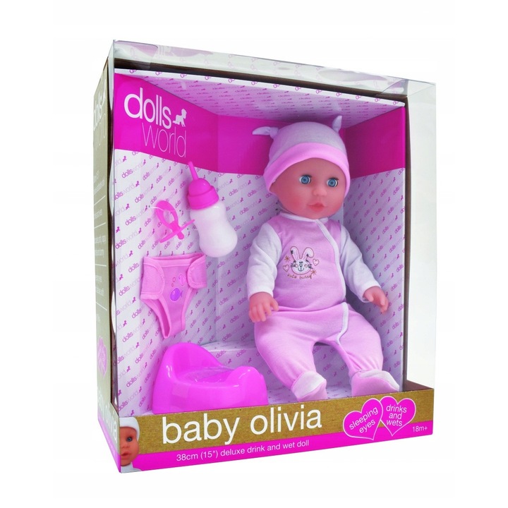 Papusa Bobas Dolls World Olivia 38 cm, set cu accesorii, multicolor