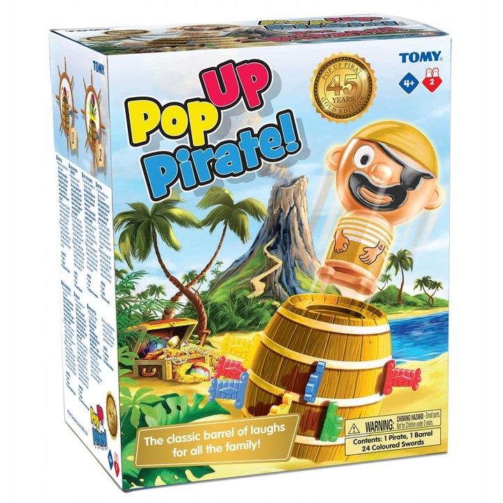 Joc de dexteritate TOMY Pop Up Pirate Gold Edition, настолна игра, за 2-4 играчи, от 4 години, съдържа 1 пират, 1 буре, 24 цветни саби, многоцветен, 1 комплект