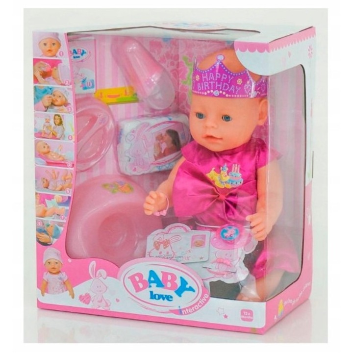 Papusa interactiva Baby Love, 43 cm, 8 functii, roz