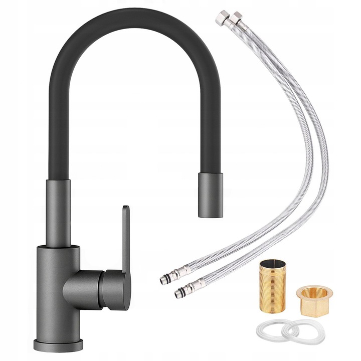 Baterie sanitara Silesia Emalia, elastyczna wylewka, gri mat, 38cm, set cu accesorii de montaj